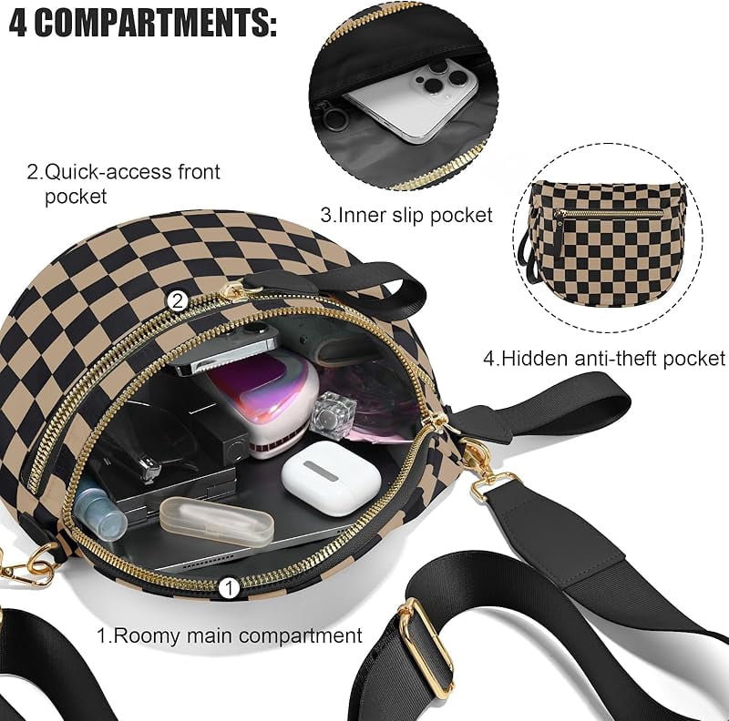 Nylon Bum Bags Plus Size Fanny Pack Sling Bag Belt Bag for Women Travel, Checkered Crossbody Bags for Women