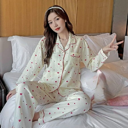 

DanceeMangoo Autumn Winter New Warm Womens Pajamas Long-sleeved Trousers Two-piece Set Gauze Cotton Crepe Cute Soft Homewear Suit Women