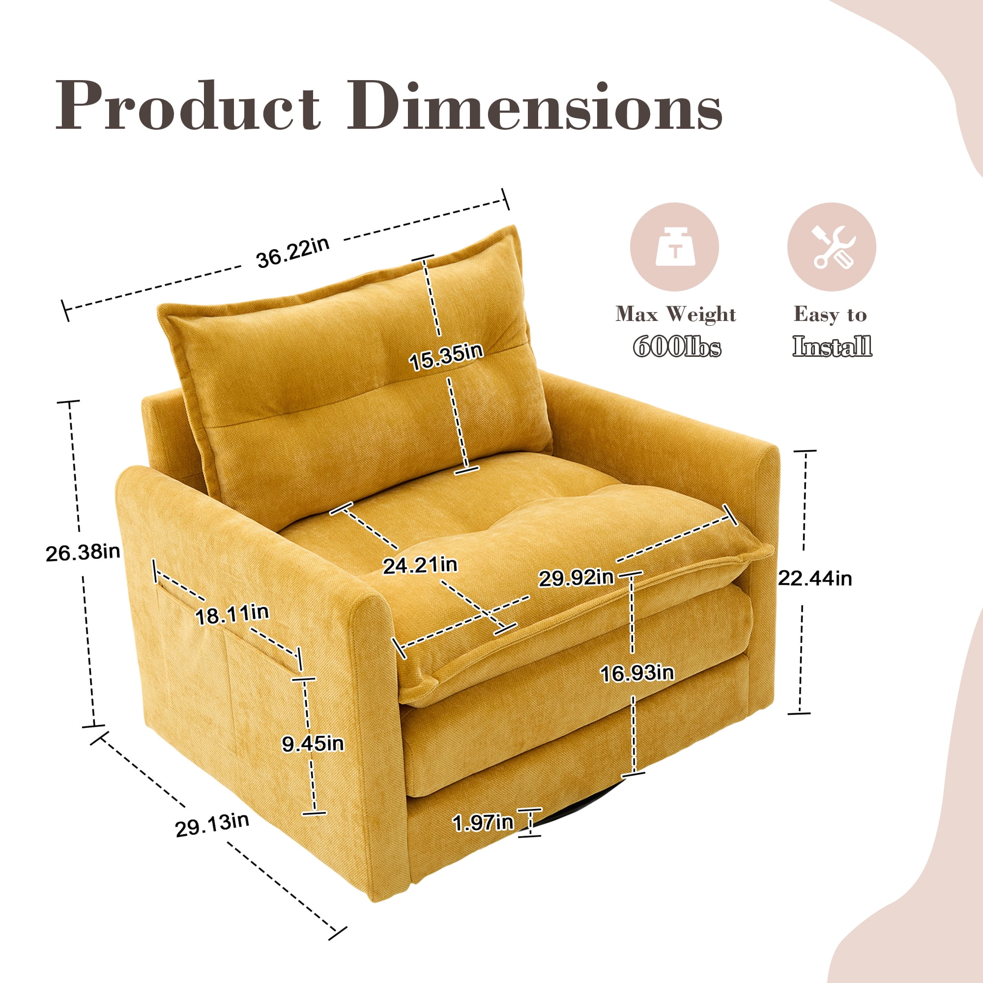 MOOBMISS 360°Swivel Accent Chair, Chenille Upholstered Armchair with Side Pockets & Cushion, Modern Accent Chair with Metal Base for Living Room Bedroom,Mustard Yellow