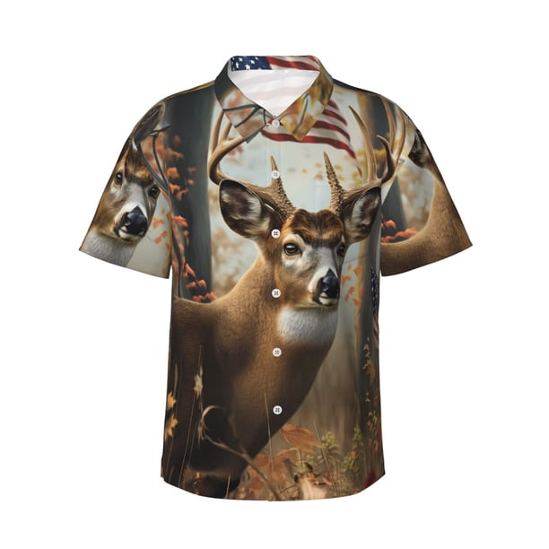 Fotbe American Wildlife Deer Forest Camisa Hawaiana para Hombre Unisex – Camisa Casual de Verano con Botones de Manga Corta de Algodón y Lino,3X-Large