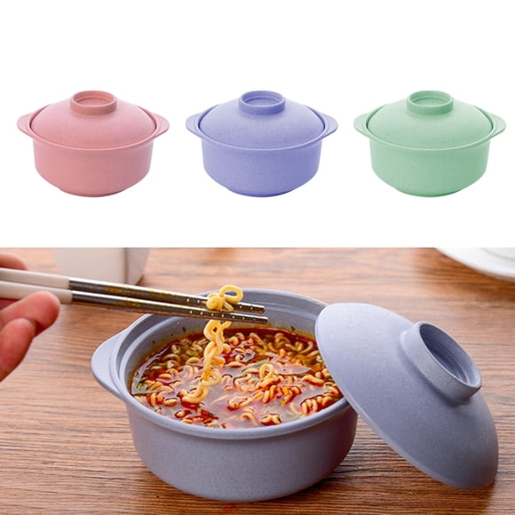 Bewildely Instant Noodles Bowl with Lid Japanese Simple Style Curved Large Box Household Lunch Fruit Rice Supplies Bowls Handle Ramen Mostrada Rosado