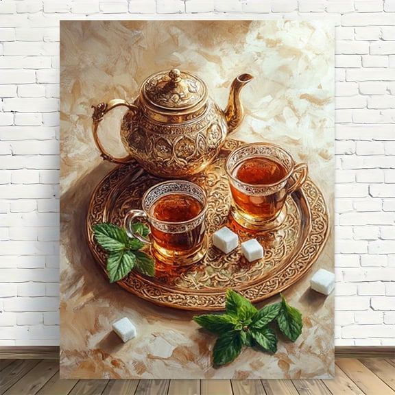 Topbout Art Gold Ornate Teapot & Tea Set Wall Art - High-End Luxe Traditional Decor for Living Room