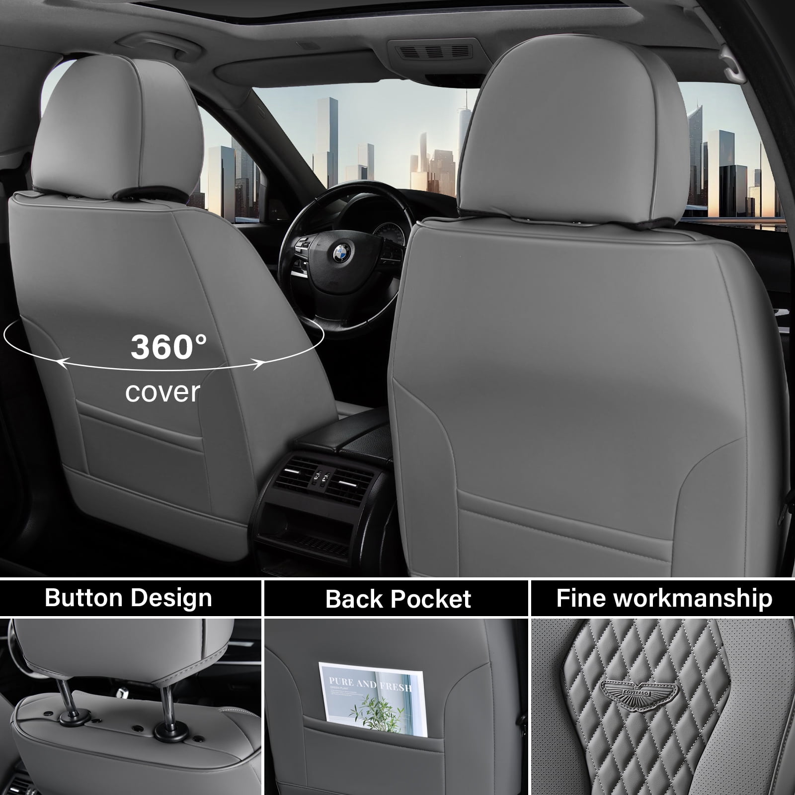 Coverado Universal Leather Seat Covers Full Set - 5 Seats, Gray, Waterproof Leatherette For Cars & SUVs 11 thumbnail image
