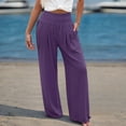 thumbnail image 2 of DHFJKG High Waist Pants For Women Wide Leg Smocked Waist Summer Breathable Linen Solid Color Pants With Pockets Beach Vacation Clothes Leisure Trousers, 2 of 5