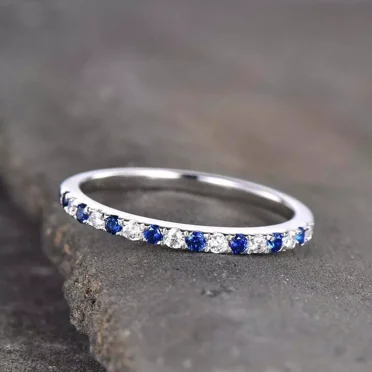 1Ct Round Cut Lab-Created Blue Sapphire & Diamond Half Eternity Band Ring 14K White Gold Plated