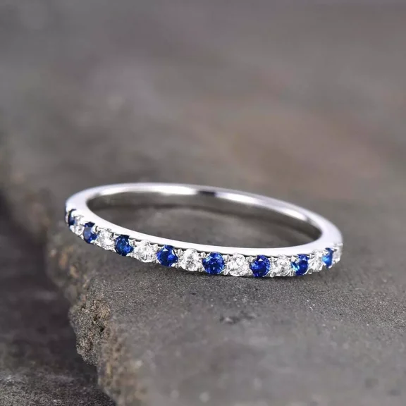 1Ct Round Cut Lab-Created Blue Sapphire & Diamond Half Eternity Band Ring in Sterling Silver