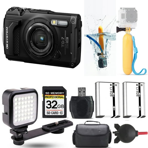 Olympus OM SYSTEM Tough TG-7 Digital Camera (Black)   Floating Hand Grip    Extra Battery   LED - 32GB Kit (International Version)