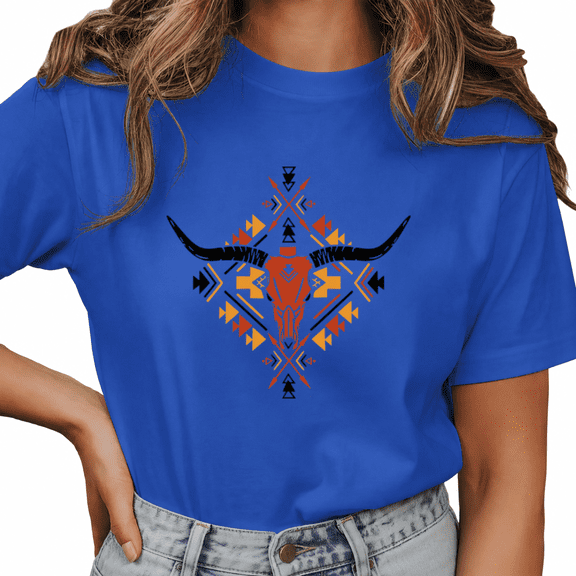 Giffimy Women's Blue Tribal Arrow Triangle Geometric Longhorn Skull Southwest Navajo Western Cowgirl Graphic Short Sleeve T-Shirt Soft Cotton Crewneck Top