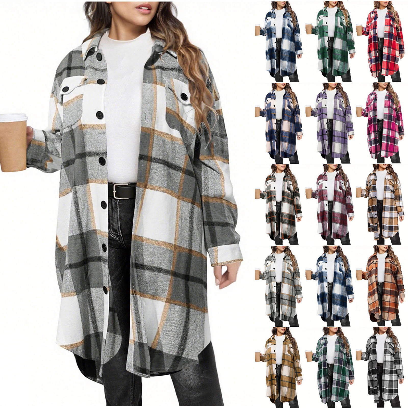 UVEASISHA Long Plaid Shirt Jacket Women Business Casual Button Down Shacket Boyfriend Lapel Tartan Trench Coat Fall Winter Trendy Cardigan Jackets with Pockets Hot Pink XL