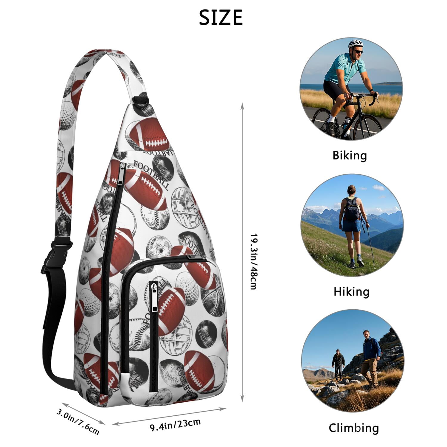 Sports Sling Backpack - Baseball, Football, Soccer, Basketball Print – Lightweight Crossbody Bag for Hiking, Gym, Travel – Athletic Gift for Sports Lovers