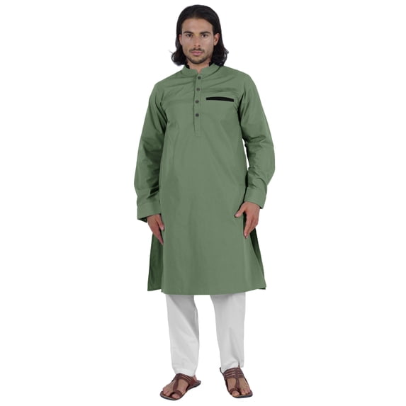 Atasi Men's Henley Welt Pocket Long Kurta Solid Indian Ethnic Wear Clothing For Men's