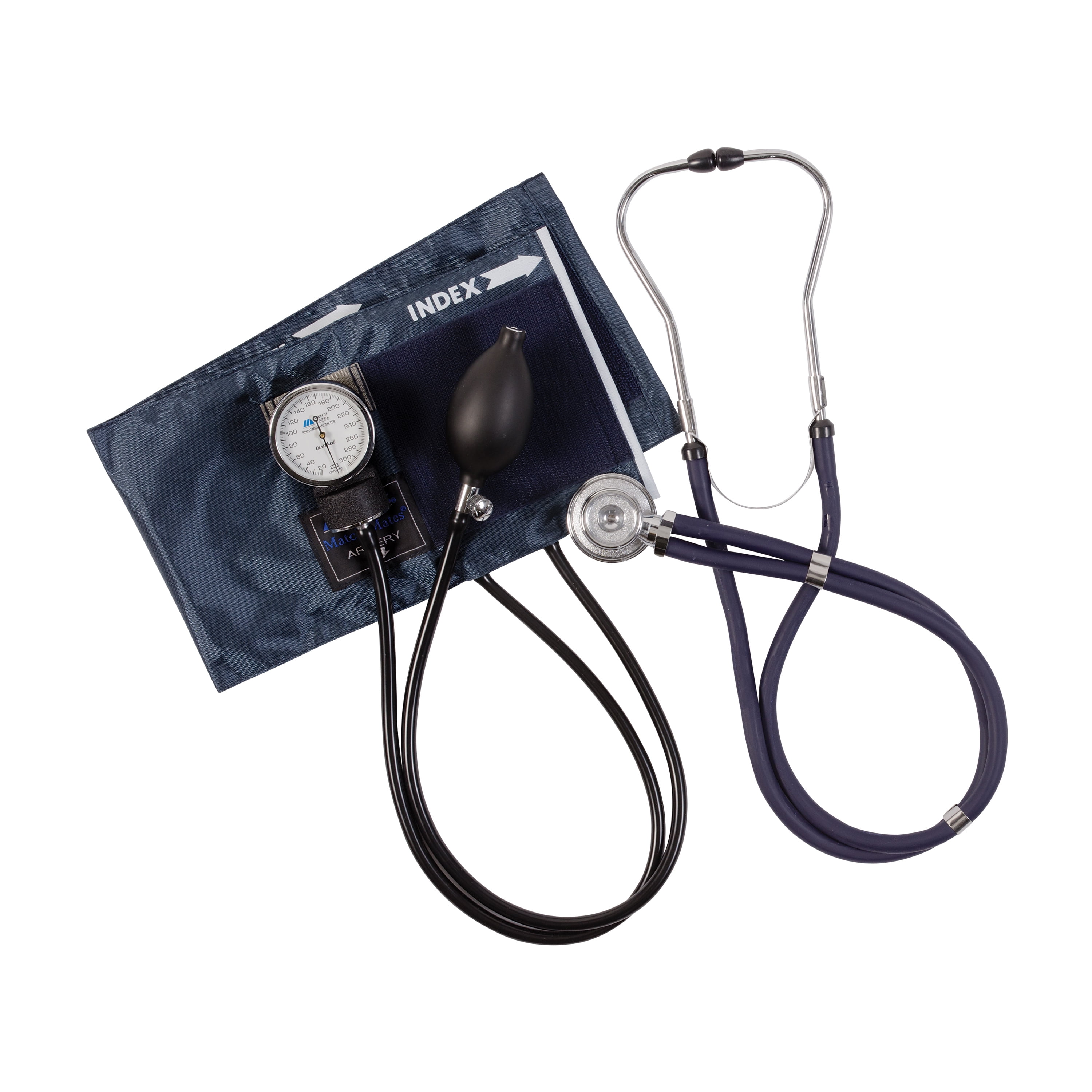 MABIS MatchMates Aneroid Sphygmomanometer and 31" Sprague Rappaport Stethoscope Combination Manual Blood Pressure Kit with Calibrated Nylon Cuff and Oversized Carrying Case, Adult Navy Blue