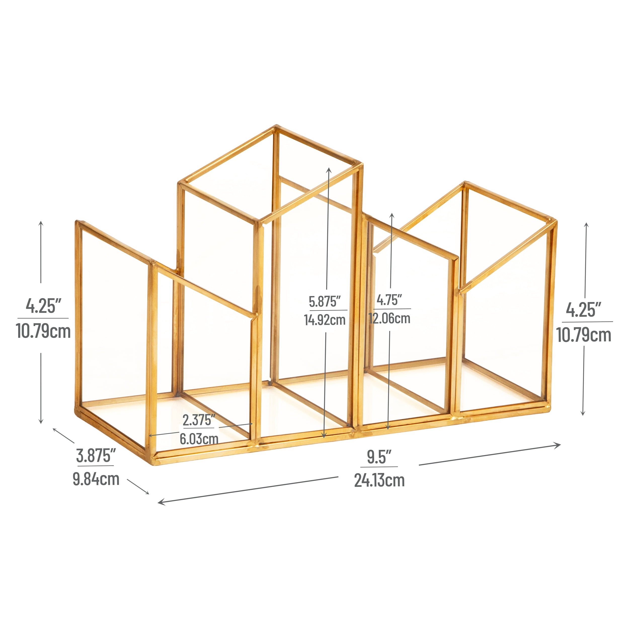Mind Reader 4-Compartment Angled Glass Pen Holder with Copper Trim, Desktop Organizer for Office Supplies & Accessories, Glass and Copper, Clear