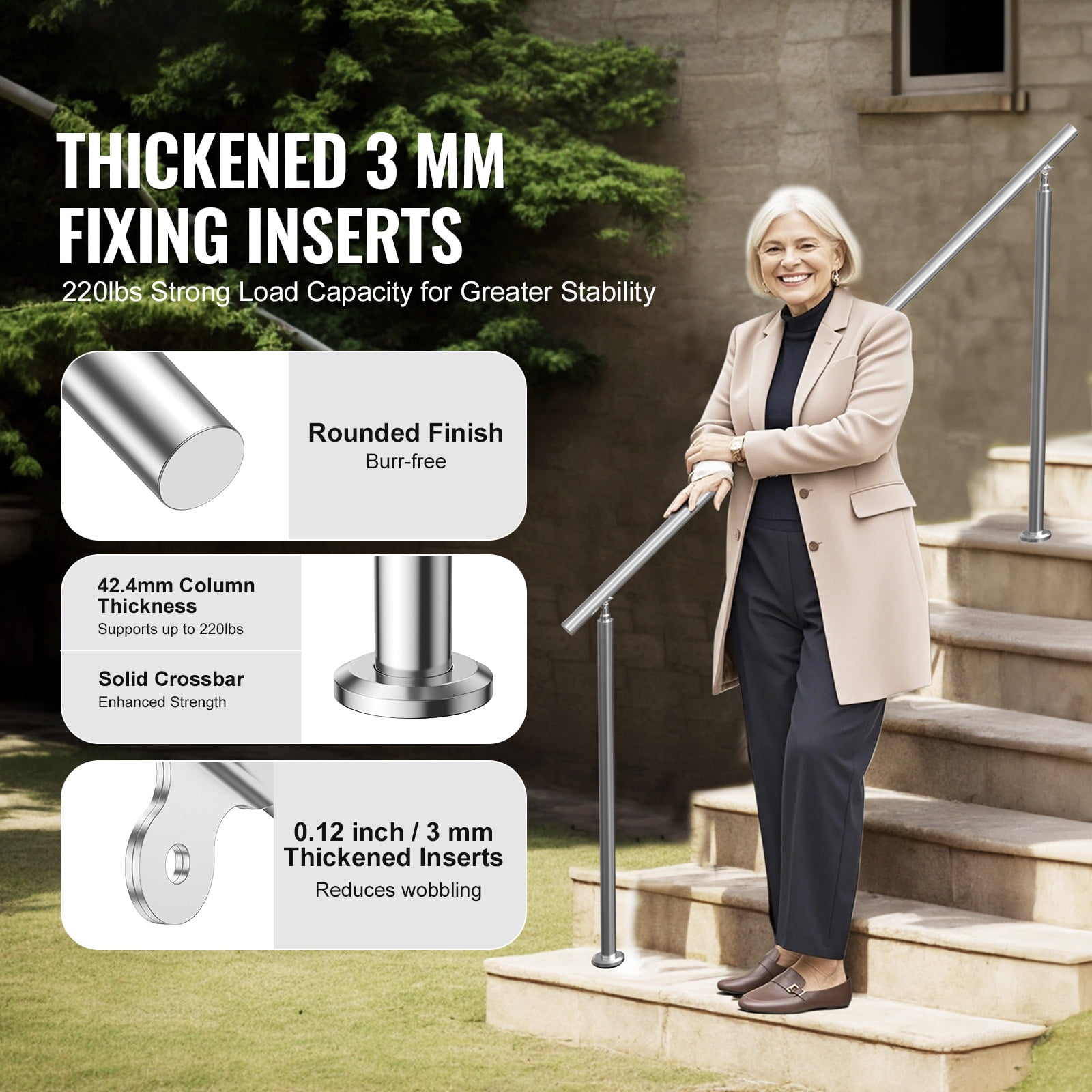 KFFKFF Handrails for Outdoor Steps, 70.9 in/180 cm Stair Rail Kit, Durable Stainless Steel Railings with Installation Accessories, Double-Column Handrails for Porch, Deck, and Senior Safety