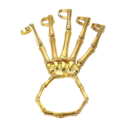 Skymirror Punk Style Skeleton Hand Ring Bracelet Halloween Skull Fingers Wristband Adjustable One-Piece Women Men Finger Ring Bangle