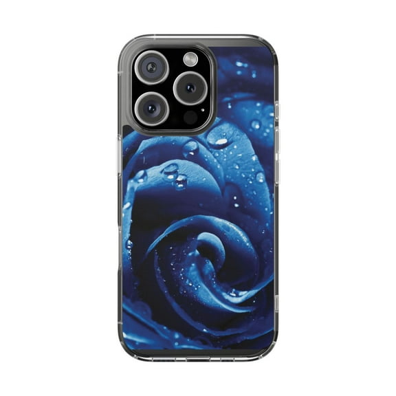 DistinctInk Clear Hybrid Case for Apple iPhone 16 Pro (6.3" Screen) - Blue Dew Covered Rose - Raised Bezel Screen Guard