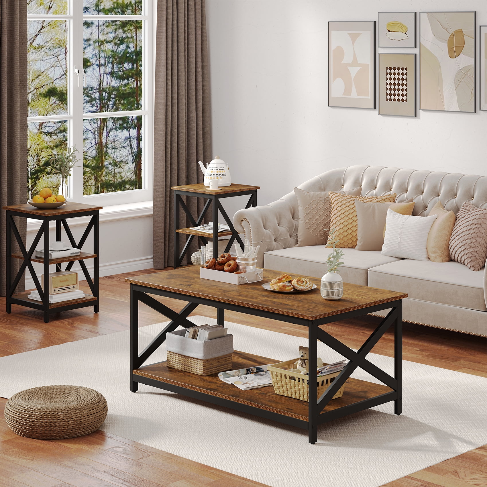Timagebreze Wood 3-Piece Table Sets Includes 1 and 2 End Tables Home Accent Furniture for Living Room