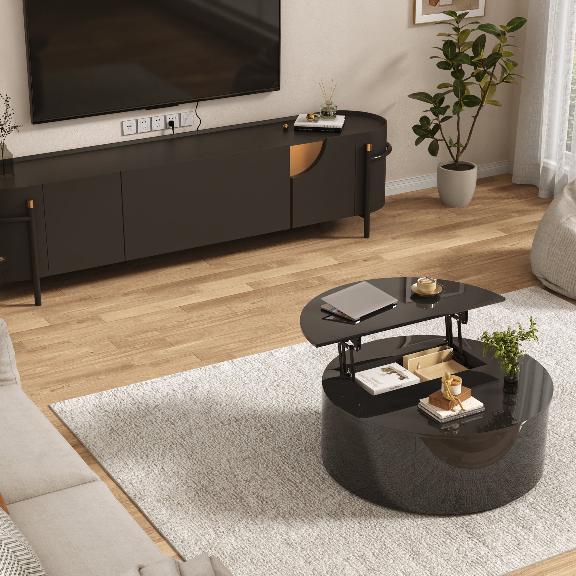 ANPOO Round Lift Top Coffee Table with Storage, Modern High Gloss Coffee Table with Hidden Storage Space, Circular Center Table for Livingroom, Small Space, Small Space, Apartment