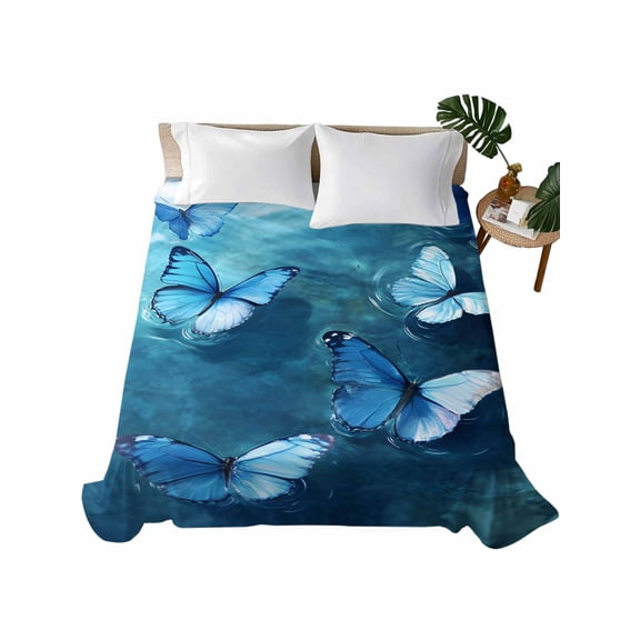 Twin Flat Sheet 66"x96", Blue Butterfly Soft Lightweight Bedding Flat Sheets Only, Modern Elegant Water Ripples Brushed Microfiber Top Bed Sheet, Breathable StainResistant Bedsheets