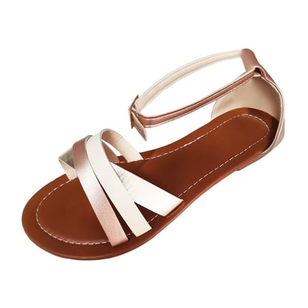 

Women Summer Colourful Buckle Flat Bottom Round Toe Soft Leather Beach Outer Wear Large Size Sandals
