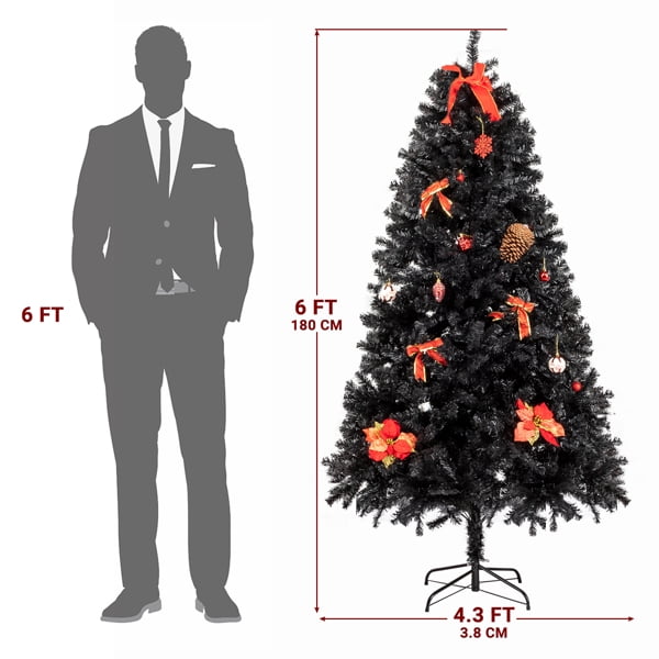 6 FT Black Artificial Christmas Tree - 1050 PVC Branch Tips, Flame-Retardant Material, Sturdy Iron Base, 3-Step Easy Assembly
