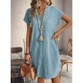 thumbnail image 3 of Women Linen Dress Spring Summer Casual Cap Sleeve V Neck Midi Button Down Shirt Dresses Lake Blue XL, 3 of 5