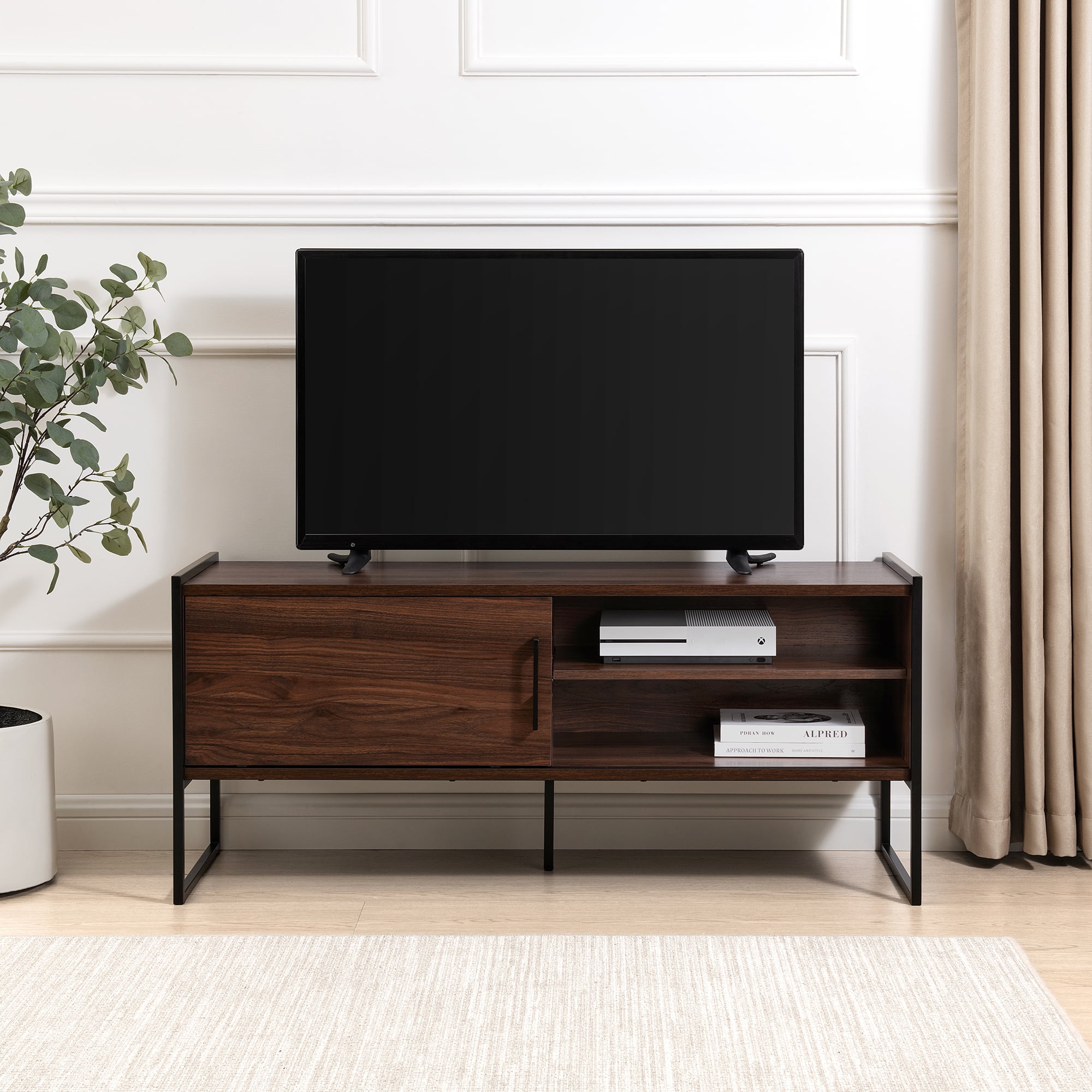 Walker Edison 48” Contemporary Sliding Door TV Stand for TVs up to 50”, Dark Walnut