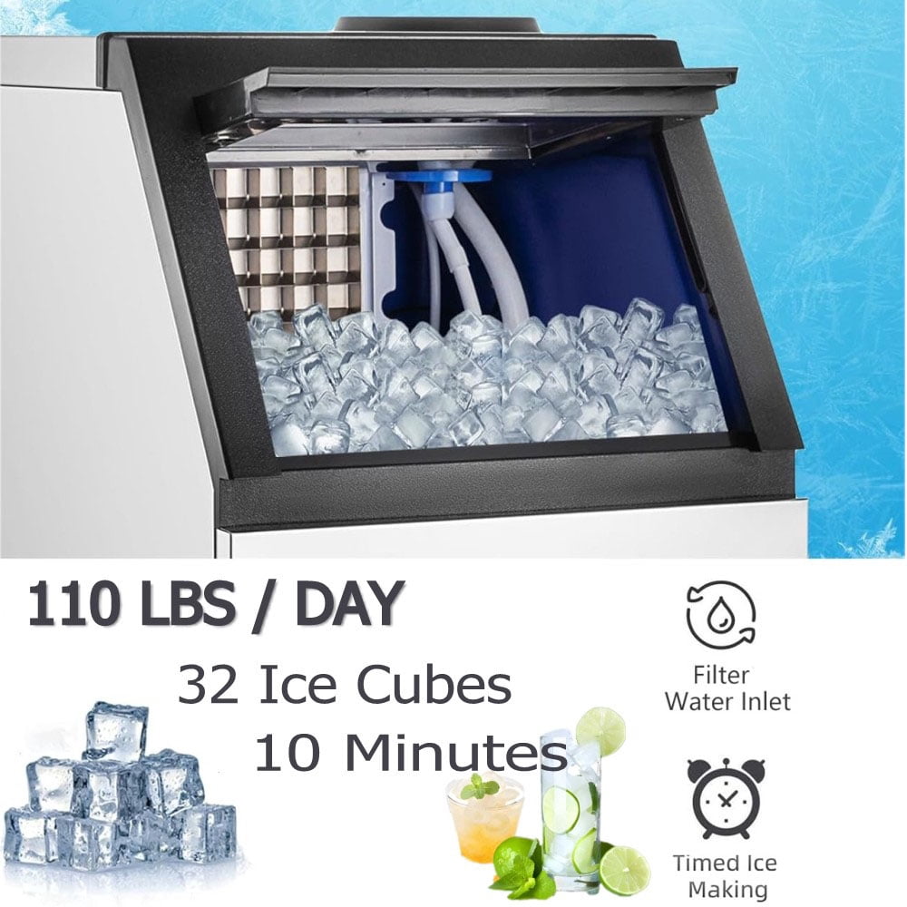 Yonopro Commercial Ice Maker Machine 110LBS/24H, Stainless Steel Ice Maker with 33LBS Bin and LCD Panel, Energy-Efficient Tap Water & Top Loading Under Counter ice Machine for Restaurant