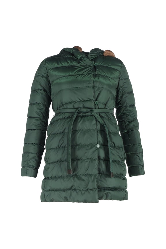 Pre-Owned Max Mara Belted Fur Trim Down Jacket in Green Polyamide