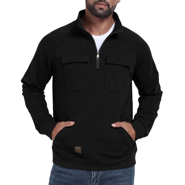 pstuiky Camisas de invierno de manga larga para hombre, Sudadera con cuello alto, manga larga, media cremallera y múltiples bolsillos para hombre, color liso Tops de hombre m