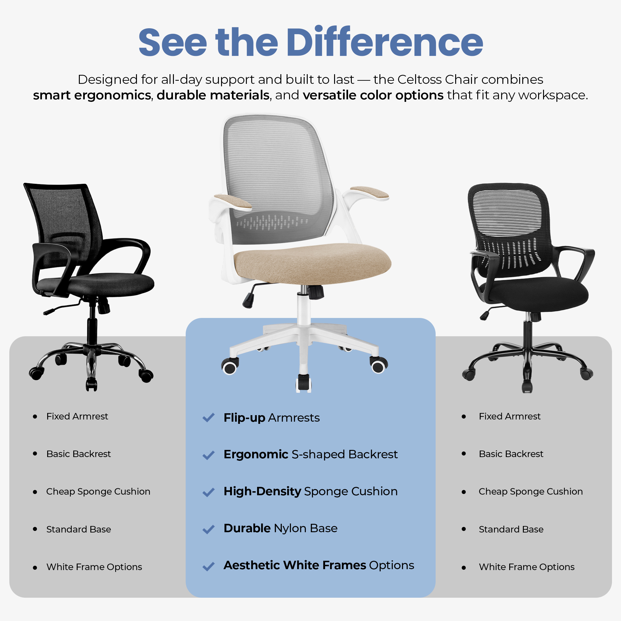 CELTOSS Ergonomic Office Chair, Flip-Up Arms, Adjustable Lumbar Support, Beige