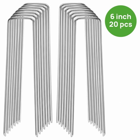 TickJOY 6 Inch 20 Pack Landscape Staples, Heavy Duty Galvanized Garden Stakes, U-Type Ground Stakes for Landscaping Securing Weed Barrier Fabric, Irrigation Tubing, Holding Fence, Tarpaulin