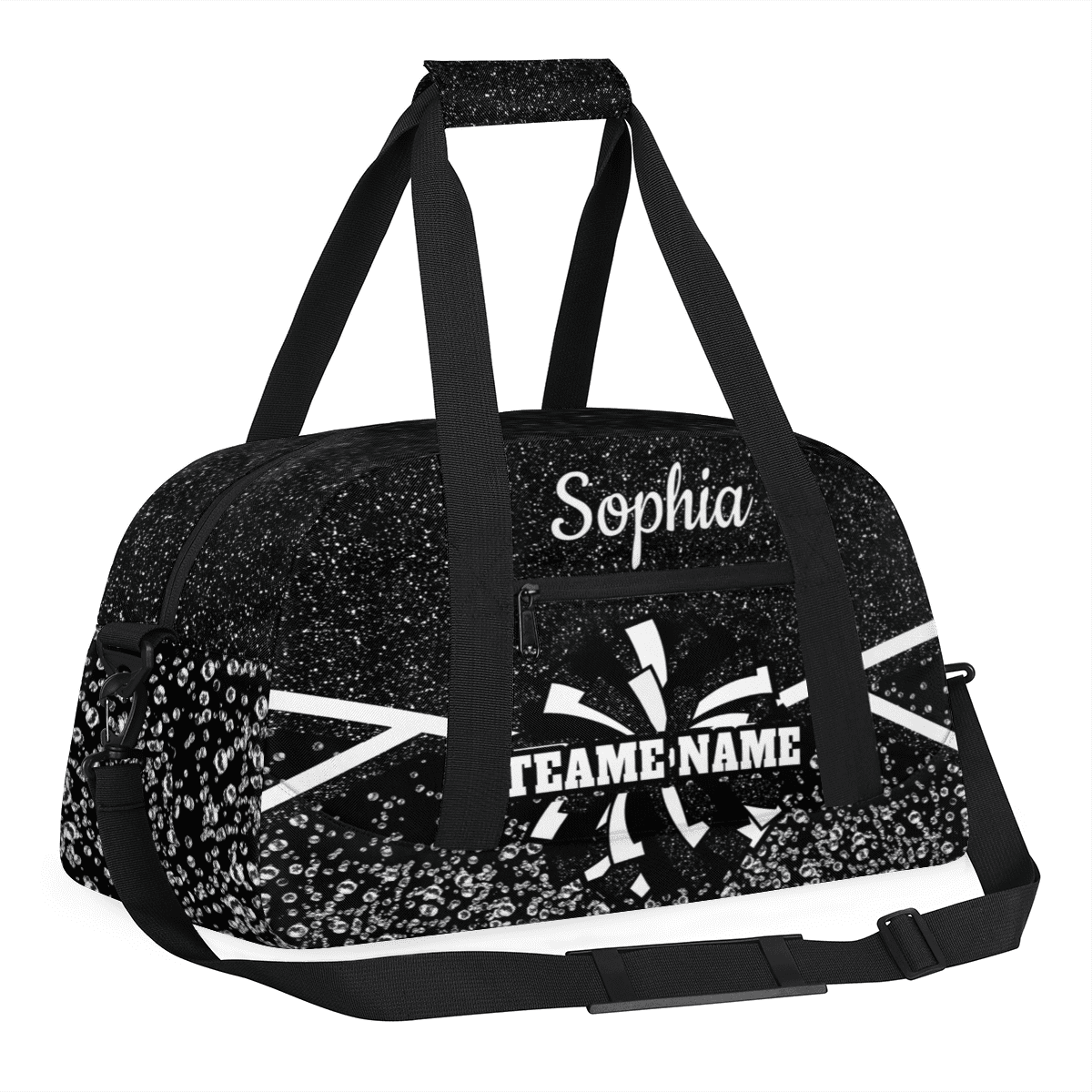 Jiaoprinted Personalized Cheer Bag, Custom Cheerleader Gym Bag Sport Duffel Bag, Customize Travel Overnight Weekender Bags, Cheerleading Gifts, Black Glitter