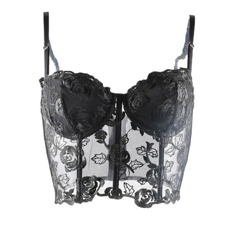 

KDJ Womens Rose embroidery Steel thong Herringbone bra Top Sexy Suspenders Vest