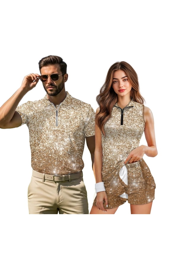 Gold Glitter Matching Couple Golf Outfits His Short Sleeve Quarter Zip Shirt Hers Tennis Dress Set Moisture Wicking Breathable for Sports Casual Wear Mr & Mrs Gifts
