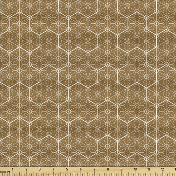 Abstract Geometry Fabric by the Yard, Antique Shapes Japanese Inspired Ornaments with Connected Streaks, Decorative Upholstery Fabric for Chairs & Home Accents, 2 Yards, Caramel and White by Ambesonne