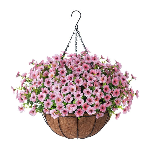 Flores artificiales colgantes en cesta con forro de coco para jardín y césped. Rosa