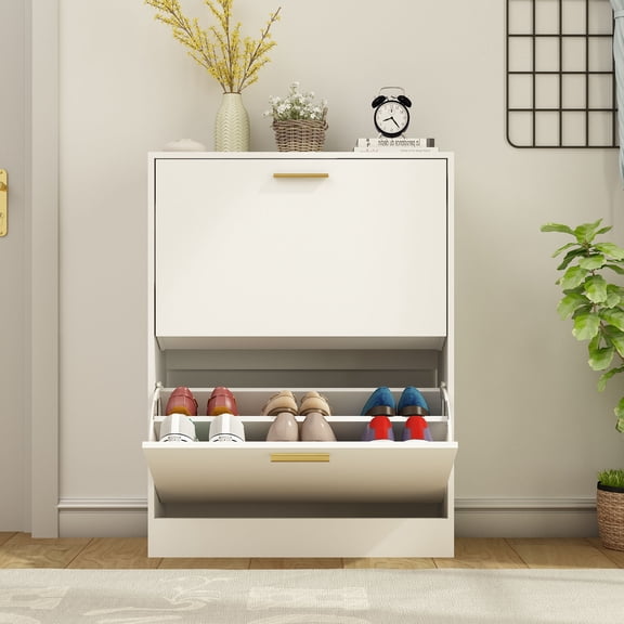 ASTUVIA Shoe Storage Cabinet, Modern Narrow Freestanding Organizer with 2 Flip Drawers, Shoe Rack for Entryway, White