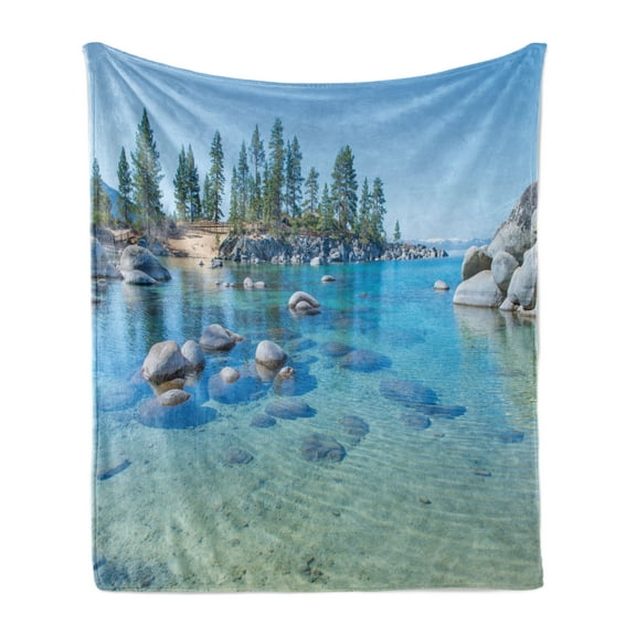 Landscape Soft Flannel Fleece Throw Blanket, Lake Trees and Rocks Forces of the Universe Earth Art Sceneny Print, Cozy Plush for Indoor and Outdoor Use, 70" x 90", Blue Grey Green, by Ambesonne