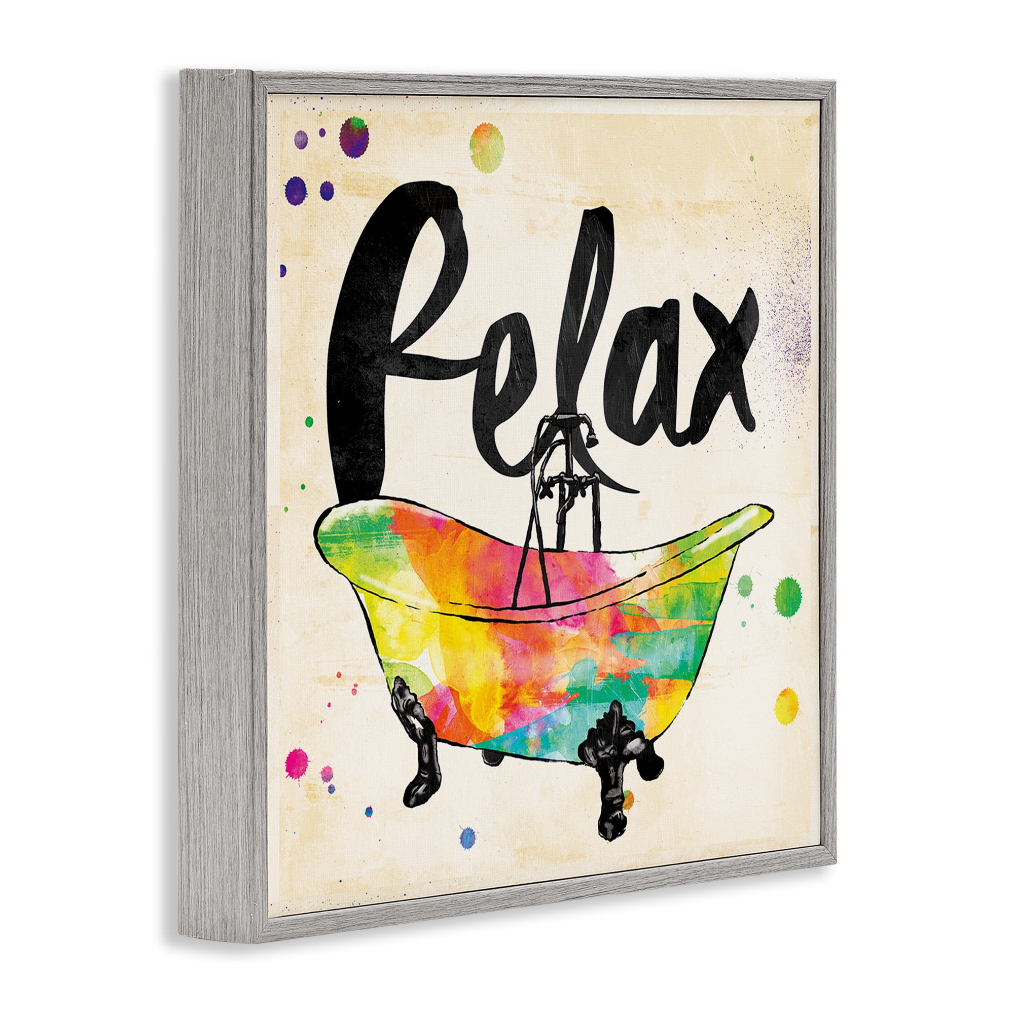 Stupell Industries Relax Rainbow Colors Icon Bath Typography Painting Gray Framed Art Print Wall Art, 17 x 17