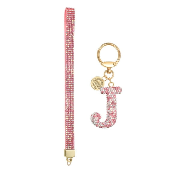 Initial Letter Keychain for Women, Rhinestone Alphabet J Key Chain Sparkly Keychain Charm with Heart for Backpack Handbag Car Key Accessories Lanyard, Pink