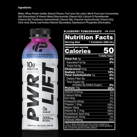 PWR LIFT PROTEIN-INFUSED WATER, 10G PROTEIN, 2000 BCAAS, BLUEBERRY POMEGRANTE, 16.9 FL OZ