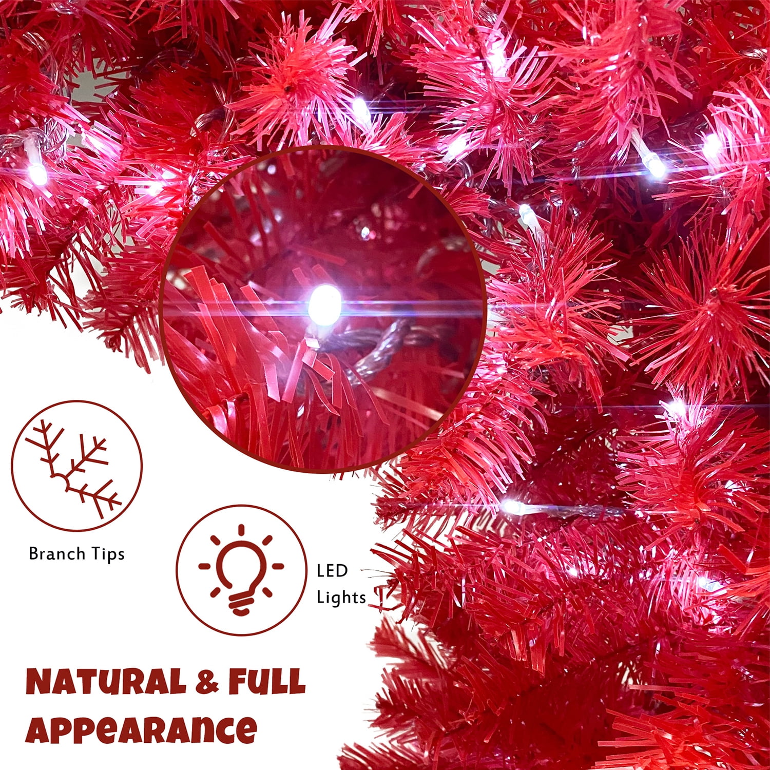 Kadyn 6ft Christmas Tree, Hinged Fraser Fir Artificial Fir Bent Top Christmas Tree, Pre-lit Slim Christmas Tree with LED Lights, Red