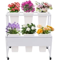 2 Tiers Flower Display Stand with 6 White Square Buckets Plant Stand with Wheels Heavy Duty Moving Flower Rack Cart Indoor Outdoor Floral Holder for Bar Patio Garden Florist (White Shelf)