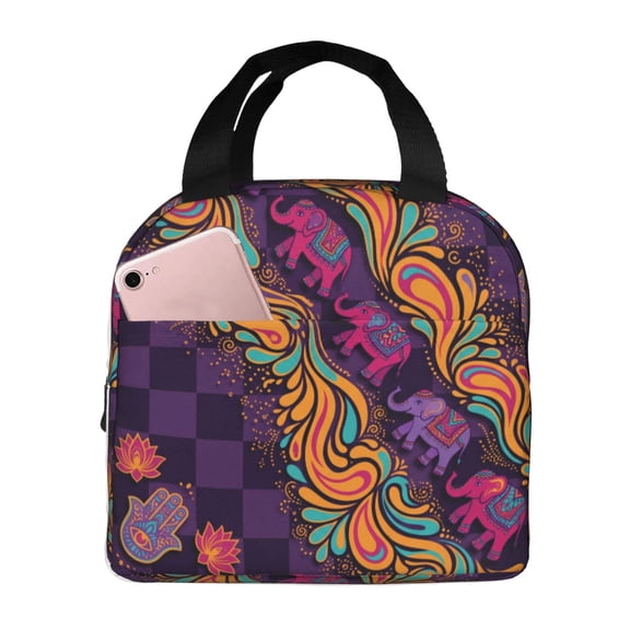 Elephant Insulated Lunch Bag Reusable Cooler Tote with Front Pocket Handheld Portable Meal Prep Bag for Work Office