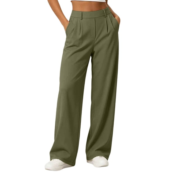cocolona Womens Summer Casual High Waist Pleated Dress Pants Elastic Waist Straight Wide Leg Work Pants with Pockets