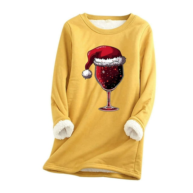 WEAIXIMIUNG Chandails en Molleton à Col Rond pour Femmes Vintage Mode Décontractée Noël Verre Manches Longues Long Chandail 3