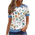 thumbnail image 4 of Mifsaly Easter Shirts for Women Patchwork Denim Trimmed T-Shirt Cute Animal Graphic Lapel Short Sleeve Casual Tops Spring Festival Easter Outfits XL, 4 of 6