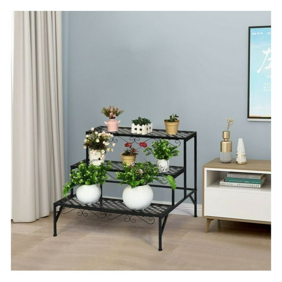 Metal Plant Stand 3 Tier - Indoor Outdoor Flower Pot Shelf - Black Steel Display Rack - 27.5" High - Garden Balcony Living Room Decor