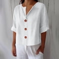 thumbnail image 2 of UPPADA V Neck Tunic Tops for Women Short Sleeve Linen Button Down Shirts Casual Summer Tops Solid Loose Fit Tees Beach Vacation Tunic Blouses White,S, 2 of 6